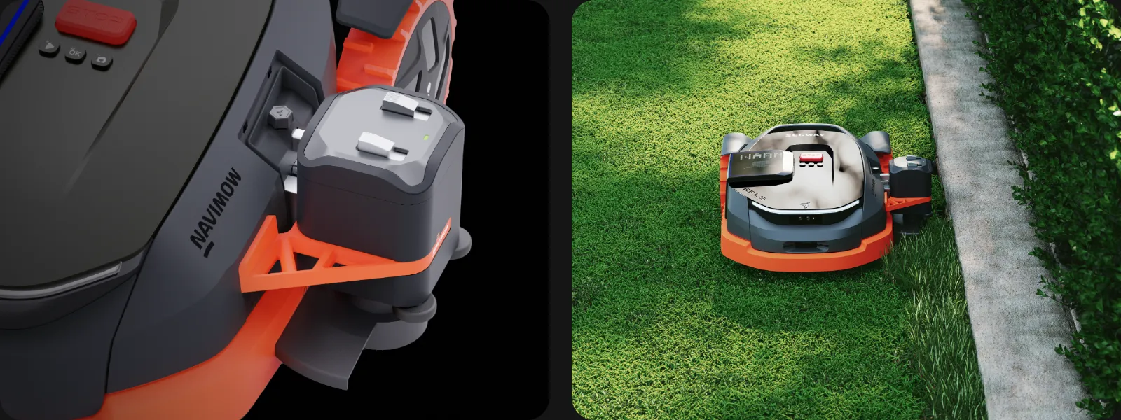 Segway Navimow X3 z bocznym osprzętem do trymera przy krawędzi trawnika