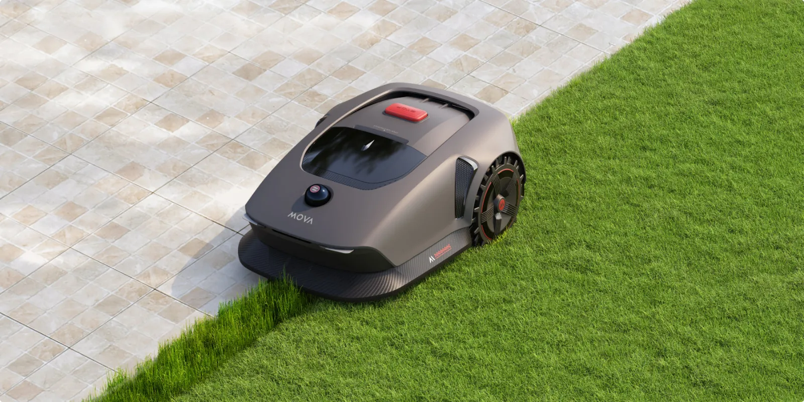 Kosiarki-roboty MOVA 600 i MOVA 1000 podczas koszenia przy krawędzi na powierzchni z kostki brukowej