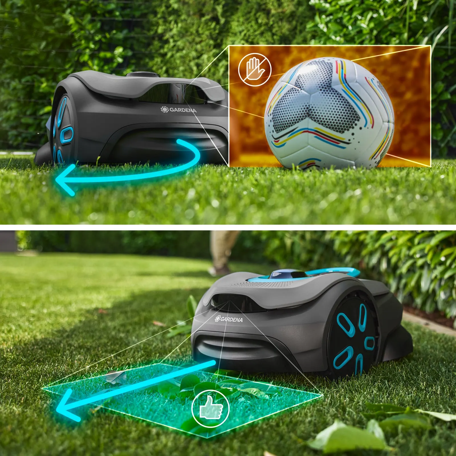Objektdetektering på Gardena smart SILENO sense: kameran känner igen boll och löv på gräsmattan