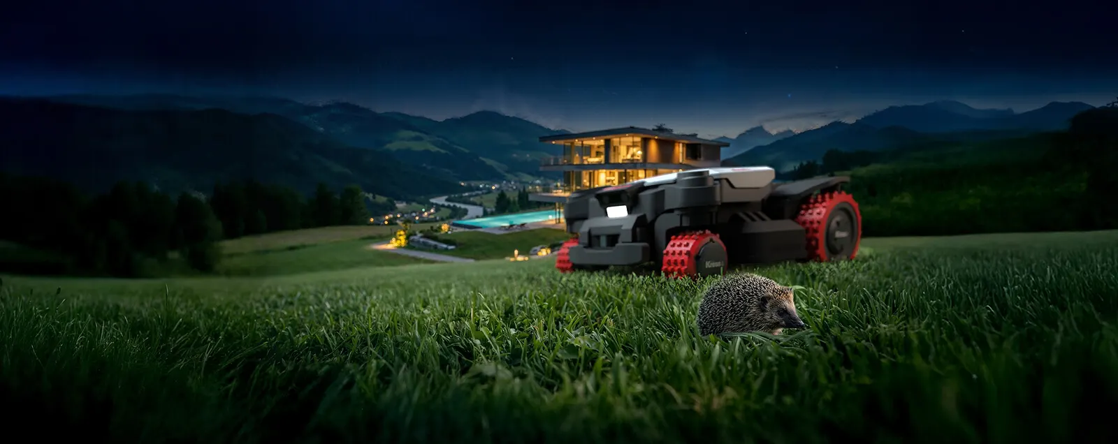 Hedgehog in front of a Kress EyePilot robotic lawnmower at night – limits of obstacle detection